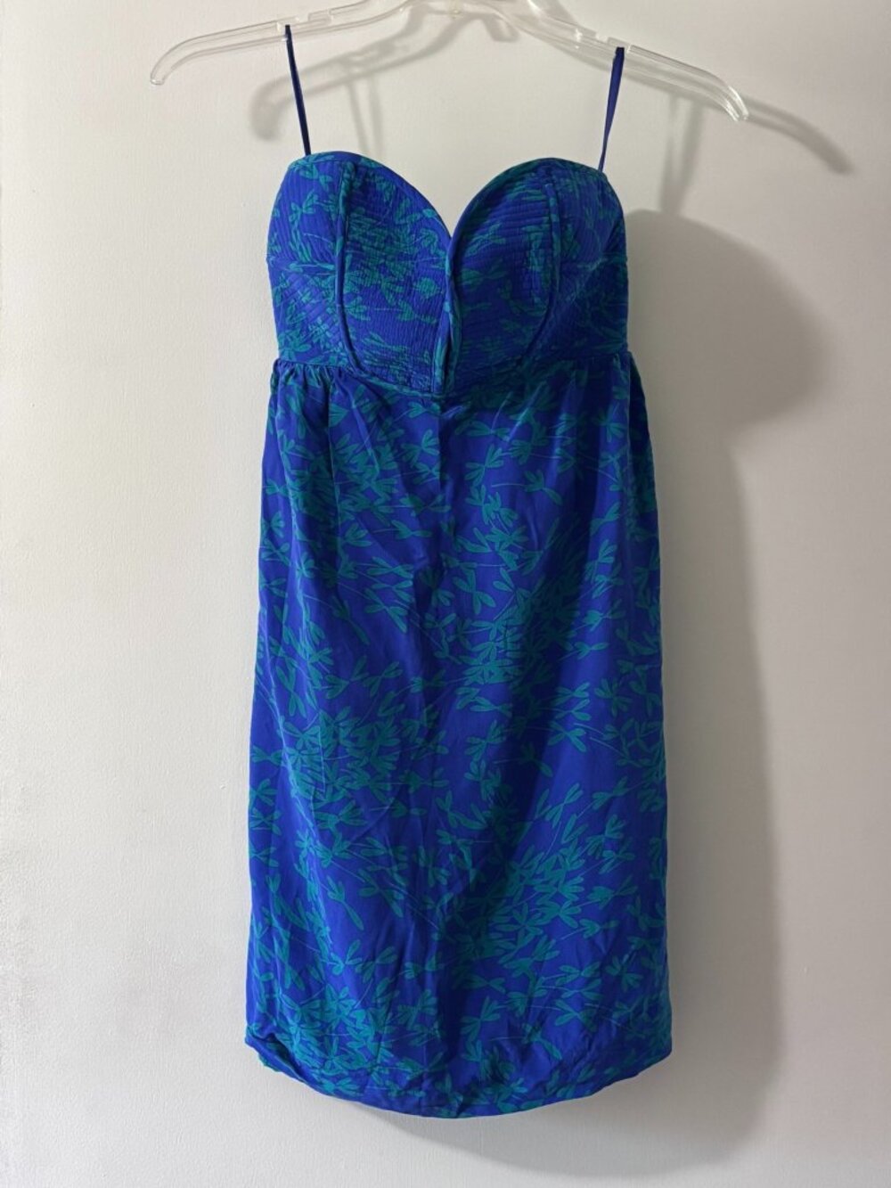 Maple 100% Silk Dragonfly Print Strapless Sweetheart Mini Dress Blue Teal Size 6